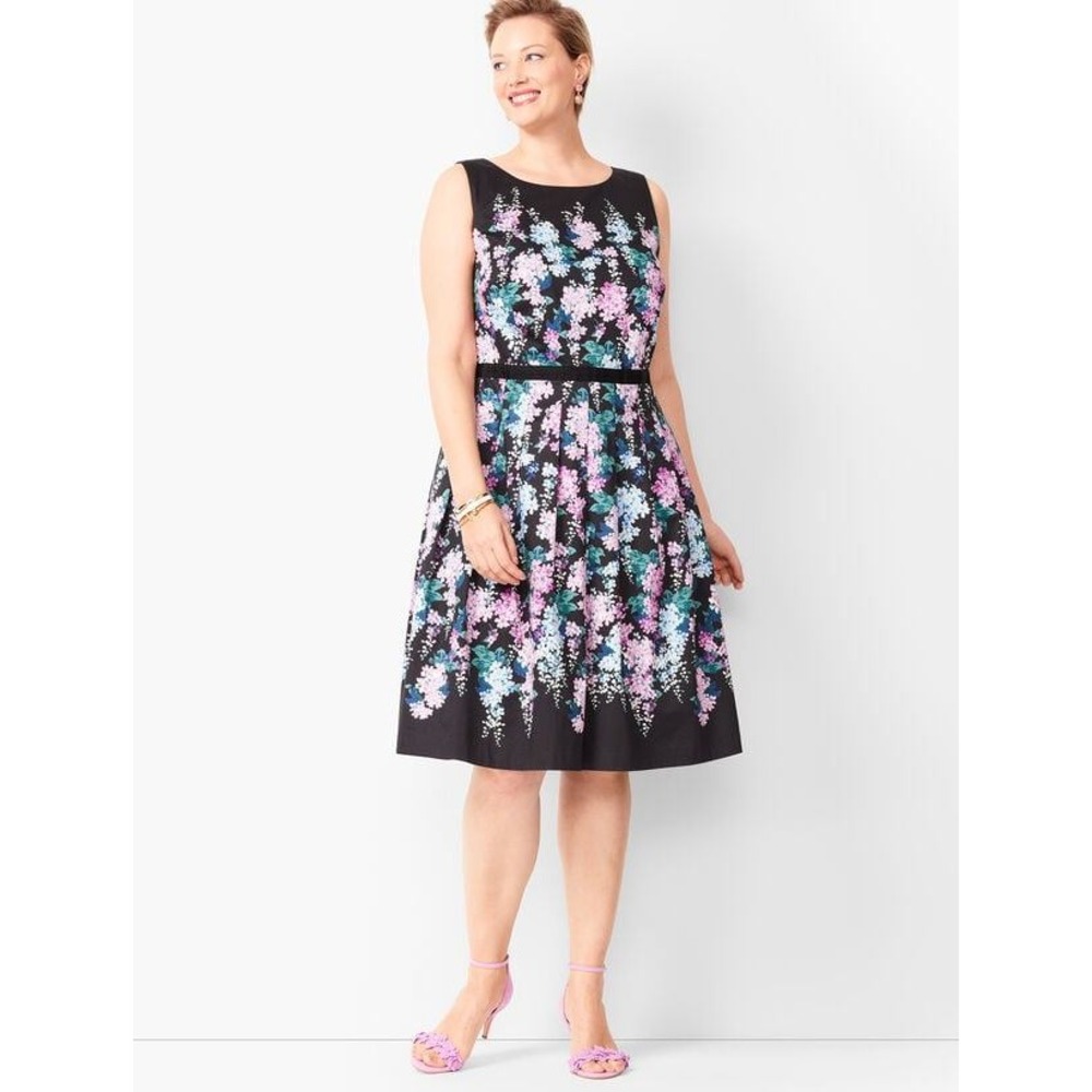 Talbots RSVP Sleeveless Black Floral Sateen Fit & Flare Midi Dress‎ Size 16W